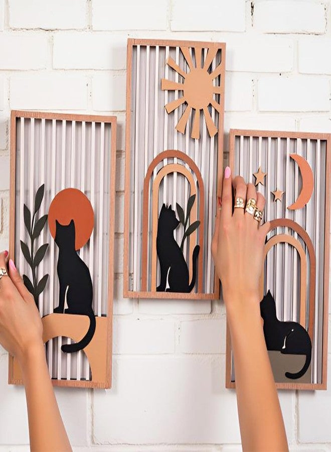 SHENGTIAN 4 Piece Unique Wall Art Set, Aesthetic Cat Art - Geometric Boho Wood Art, Black/Funny Cat Prints, Mid Century Modern Style, for Farmhouse/Office/Bedroom/Living Room, Narrow Vertical Design - Image 5